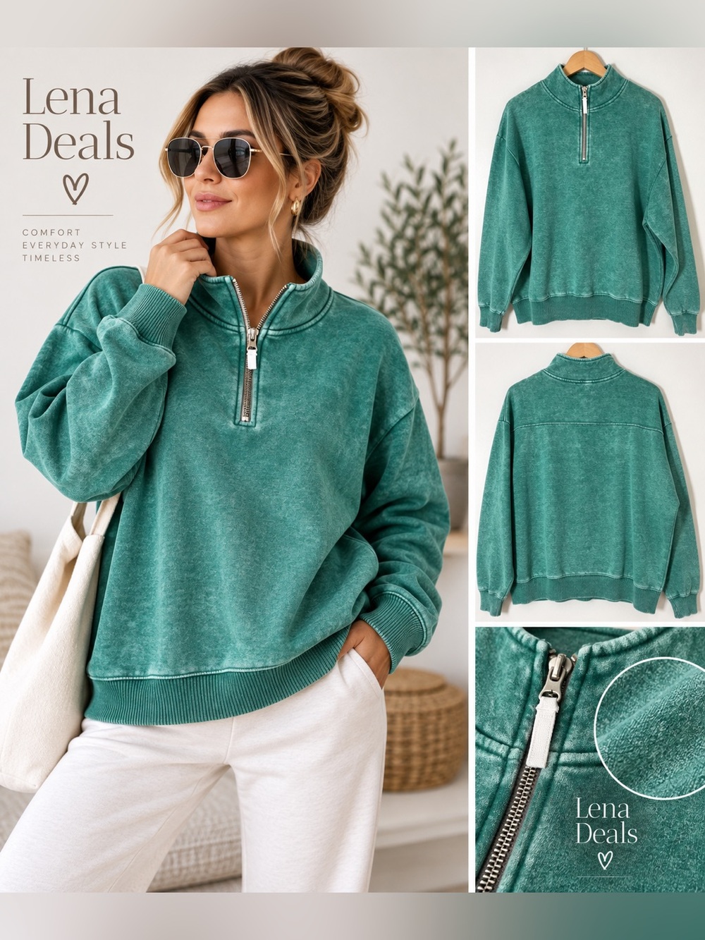 Zenana Vintage-Inspired Acid Wash Fleece Half Zip Sweatshirt Hunter Green